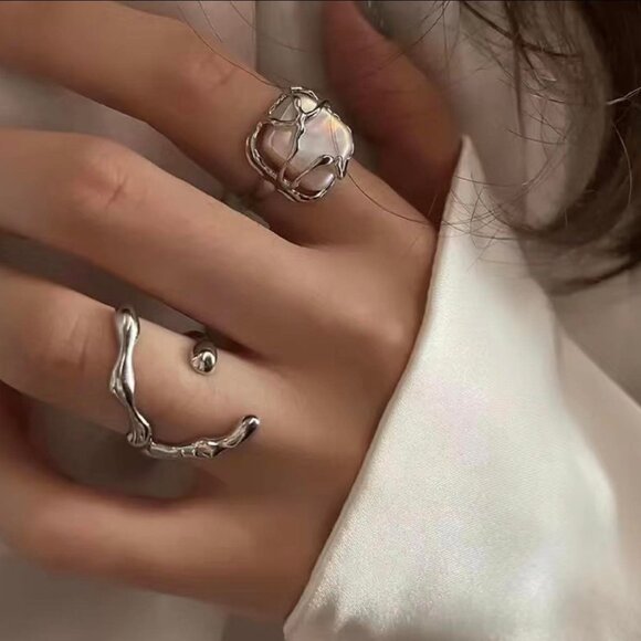 Jewelry - 2pc Cresent Moon and Beautiful Faux Opal Accent, Adjustable Ring Set